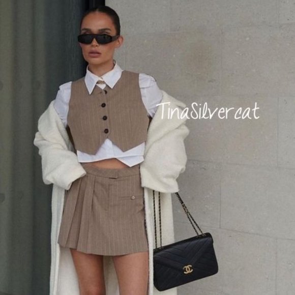 BLOGGER'S FAVE! Zara Set Pinstripe Box Pleat Skirt And Vest Brown NWT - Picture 7 of 17